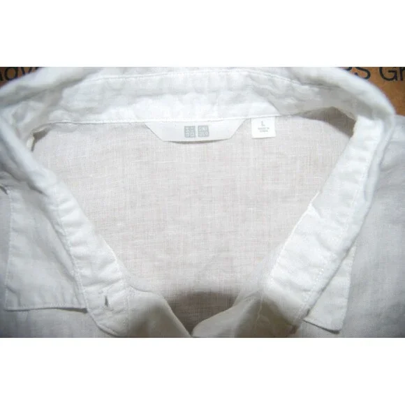 Uniqlo Womens LARGE White 100% Linen Button Up NO Sleeve Shirt Blouse Top - Picture 2 of 7
